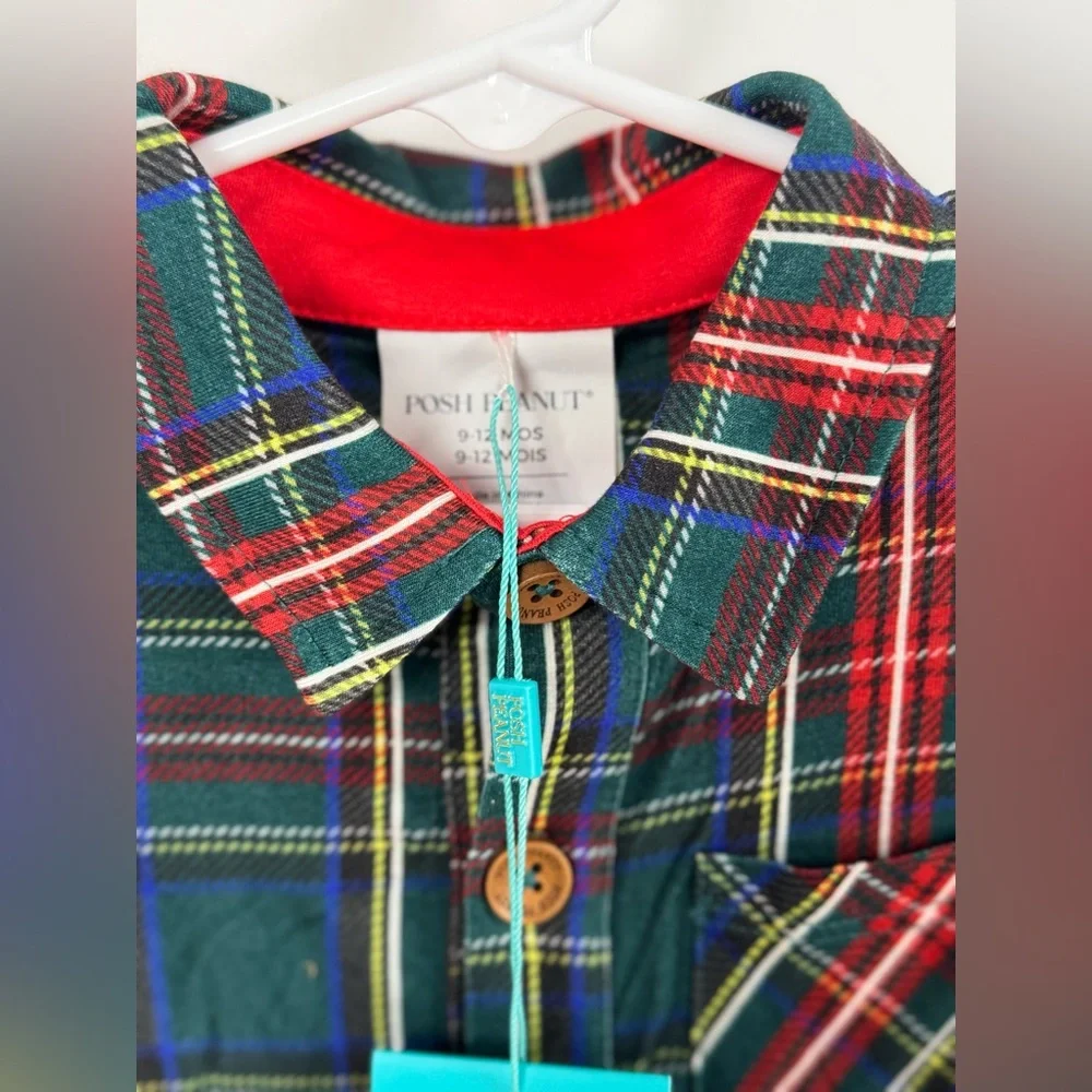 Posh Peanut New Bamboo Collared Henley Romper Green‎ Tartan Plaid Sz 9-12 m